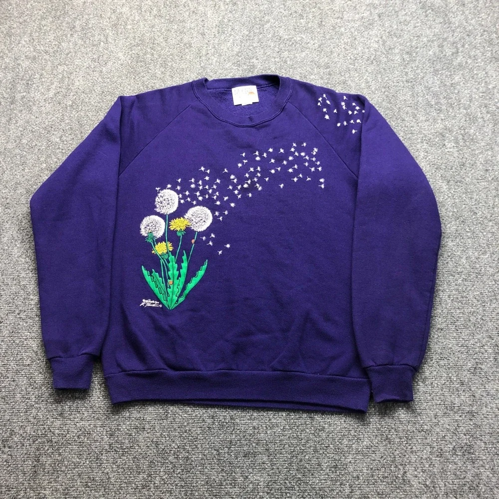 Vintage Morning Sun Purple Dandelion Graphic Crewneck Sweatshirt Large USA Made